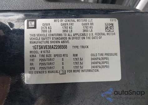 2010 GMC Sierra 1500 Sle z USA, uszkodzony, nr VIN 1GTSKVE38AZ206568